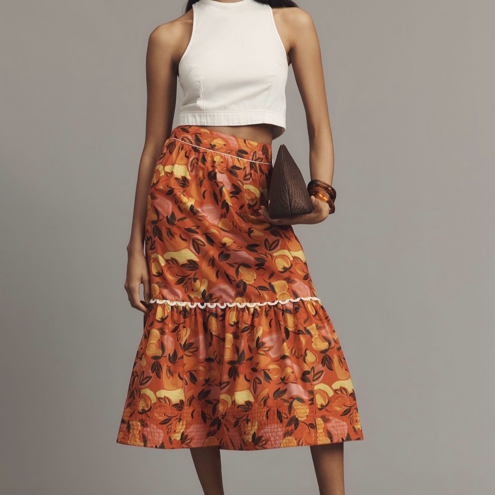 Farm Rio Tiered Flare-Hem Printed Midi Skirt